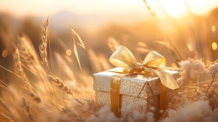 Abstract wheat field with golden gift box. Warm bright summer day. Sunset light. Golden color blurred background. Generative AI