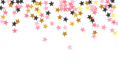 Wall Mural - Fashionable black pink gold stars magic scatter illustration. Many stardust spangles xmas decoration confetti. Baby shower stars magic wallpaper. Spangle symbols congratulations decor.