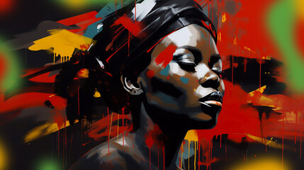 Black History Month beautiful black woman on an abstract paint splattered background racial equality and justice celebration image red yellow green banner