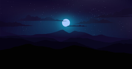 Wall Mural - beautiful calm night over mountains with clouds, moon and stars