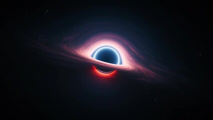 Wall Mural - Giant singularity in outer cosmos. Concept 3d animation tracking dolly wide shot. Interstellar black hole with glowing rotating accretion disk. Background cosmos of wormhole warped in curved space.
