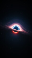 Wall Mural - Giant singularity in outer cosmos. Vertical astrophysics 3d illustration background. Interstellar black hole with glowing rotating accretion disk. Background cosmos of wormhole warped in curved space.