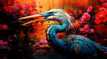 Painting Of Great Blue Heron In Bright Colors With A Colorful Background - Generative AI