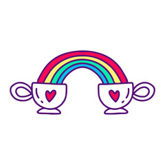 Wall Mural - Couple cup of coffee with rainbow, illustration for t-shirt, sticker, or apparel merchandise. With doodle, retro, and cartoon style.