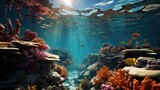 Fototapeta Do akwarium - Underwater seascape, sunlight through water surface with coral reef on the ocean floor, natural scene, Pacific ocean, French Polynesia 