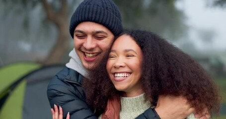 Poster - Love, hug and a couple in nature for camping, travel bonding and vacation in winter. Smile, care and a man and woman with affection and talking in a forest or woods during an outdoor holiday together