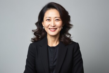 Poster - Medium shot portrait photography of a happy Chinese woman in her 50s wearing a sleek suit against a white background 