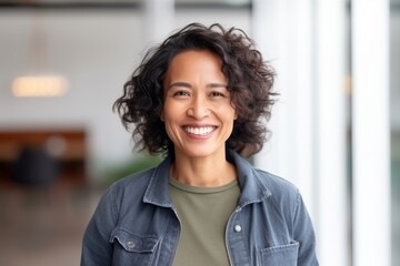 Wall Mural - cheerful african american woman with curly hair at office