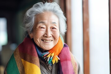 Medium shot portrait photography of a satisfied 100-year-old elderly chinese woman wearing a chic cardigan against an abstract background 