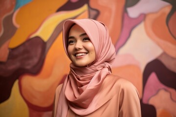 Wall Mural - Hijab woman with smile on her face and colorful background.