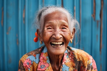 Lifestyle portrait photography of a happy 100-year-old elderly Indonesian woman wearing a denim jacket against an abstract background 