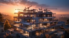 Construction Site And Sunset , Structural Steel Beam Build Large Residential Buildings At Construction Site