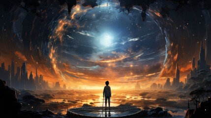 Canvas Print - Boy standing on the opened giant book with fantasy light, digital art style, illustration painting