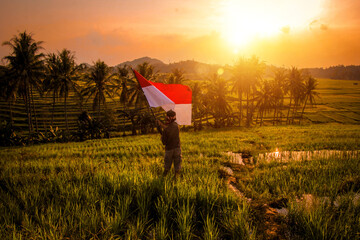 photo of a village boy waving the indonesian flag in the middle of a rice field with the silhouette 