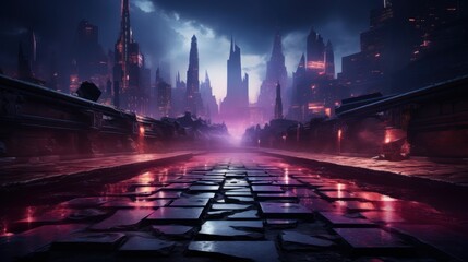 Wall Mural - Abstraction, futuristic city of concrete and neon. Night city view, stairs up, illumination. Dark street, abstract scene, neon rays