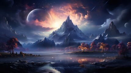 Wall Mural - Abstract fantasy neon space landscape. Star nebulae, month and moon, mountains, fog. Unreal fantasy world. Silhouettes, horoscope, zodiac signs. 3D illustration