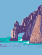 WPA poster art of El Arco or the arch of Cabo San Lucas at the southern tip of Cabo San Lucas in Baja California Peninsula Mexico done in works project administration or Art Deco style.