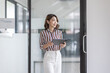 © David - Business, finance and employment, female successful entrepreneurs concept. Confident smiling asian businesswoman, office worker in office holding tablet, help clients