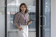 © David - Business, finance and employment, female successful entrepreneurs concept. Confident smiling asian businesswoman, office worker in office holding tablet, help clients