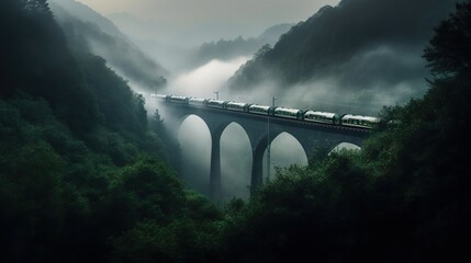  Speed passenger train moving in the mist mountains covered with forest. Generative AI