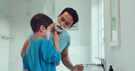 Canvas Print - Shaving cream, child and father teaching in bathroom, family home or boy learning morning skincare, beauty and grooming routine. Shave together, son and dad helping with foam, razor and skin care