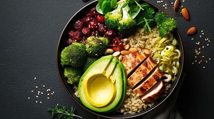 Wall Mural - Healthy buddha bowl lunch with grilled chicken, quinoa, spinach, avocado, brussels sprouts, broccoli, red beans with sesame seeds. Top view