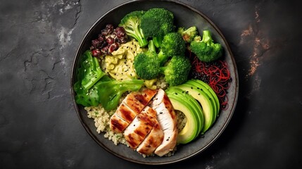 Wall Mural - Healthy buddha bowl lunch with grilled chicken, quinoa, spinach, avocado, brussels sprouts, broccoli, red beans with sesame seeds. Top view