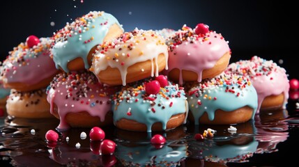 Wall Mural - Various decorated doughnuts in motion falling on blue background