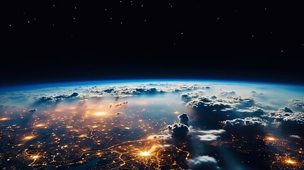 Wall Mural - Panoramic view on planet Earth globe from space. Glowing city lights, light clouds. Generative AI