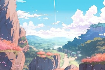 Canvas Print - serene anime mountain landscape surrounded by trees. Generative AI