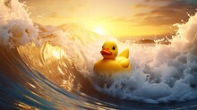 Rubber Duck Swimming In The Ocean Near Sunset. Yellow Duck Toy Floating In The Waves. Summer Energy Of Joy And Optimism. Generative AI.