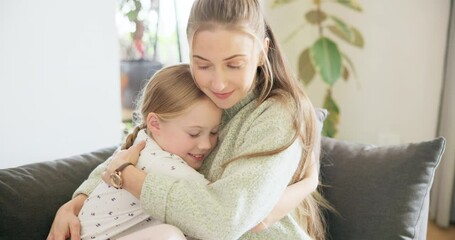 Poster - Love, mom and girl hug with a smile or bonding, support and child care for mama with happiness in on living room sofa. Mother, daughter and happy embrace on home couch and quality time together