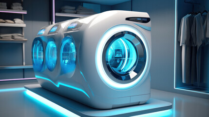 Wall Mural - A freestanding washer-dryer, a futuristic concept for exhibitions and shows. Digital control