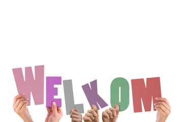 Wall Mural - digital png illustration of hands holding welkom text on transparent background
