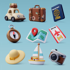 collection of travel tourism 3d icon, trip planning world tour. holiday vacation, travel and transpo