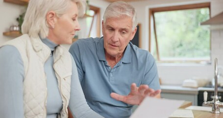 Poster - Finance, savings and senior couple on laptop with bills, paperwork and documents for retirement planning. Life insurance, computer and elderly man and woman talking for pension, payment and budget