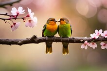  Adorable Love Birds Sitting On A Branch Of A Cherry Blossom Tree Valentine's Day