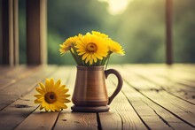 A Rusty Can Filled With A Bouquet Of Sunflowers On A Rustic Wooden Plank Table With Space For Copy