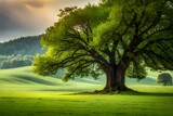 Lonely green oak tree in the field
