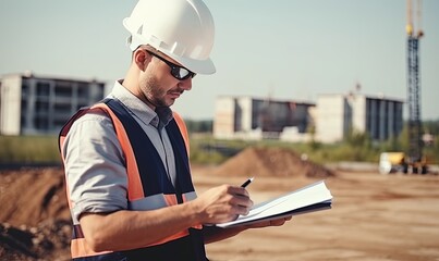 Engineer in hard hat and uniform writes on notepad at site Creating using generative AI tools