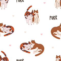 Poster - Cute cats, love kitties couples, seamless pattern. Feline meow valentines, repeating print. Endless romantic background design. Colored flat vector illustration for textile, fabric, wallpaper