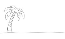 One line continuous palm tree. Concept minimal travel banner. Line art, silhouette, outline, vector illustration.