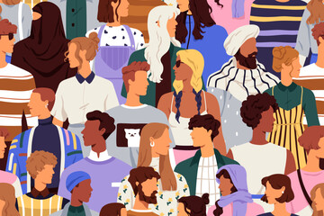 Fototapete - Diverse people crowd, seamless pattern. Modern multiethnic society, repeating print. Endless background, texture design. Colored printable repeatable flat vector illustration for textile, fabric