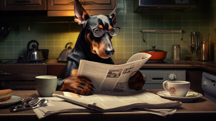 Black doberman dog reading and holding a newspaper