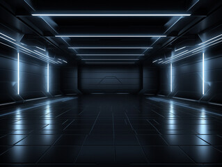 Futuristic dark room with glowing neon light