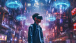 VR technology digital cyber world technology, virtual reality glasses surrounded with futuristic AR interface 3d hologram, metaverse and VR apple vision pro concept, Generative AI illustration	