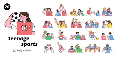 Wall Mural - A collection of teenager sports characters. mega set. outline simple vector illustration.