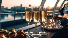 Luxury Evening Party On A Cruising Yacht With A Champagne Setting. Champagne Glasses And Bottles With Champagne With Bokeh Yacht In The Background, Nobody. AI Generative