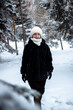 © Анастасия Мулюкова - Woman is a young portrait. In a white hat on the street. Winter, Conifers