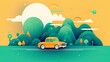 Animated GIF of a Car Driving Through a Hilly Landscape with Luggage Box on Top, in Yellow, Blue, and Green. AI Generative